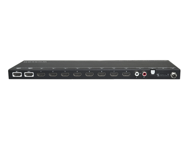 HDMI 2.0 2x8 Splitter with Audio Breakout and Down-Scaling