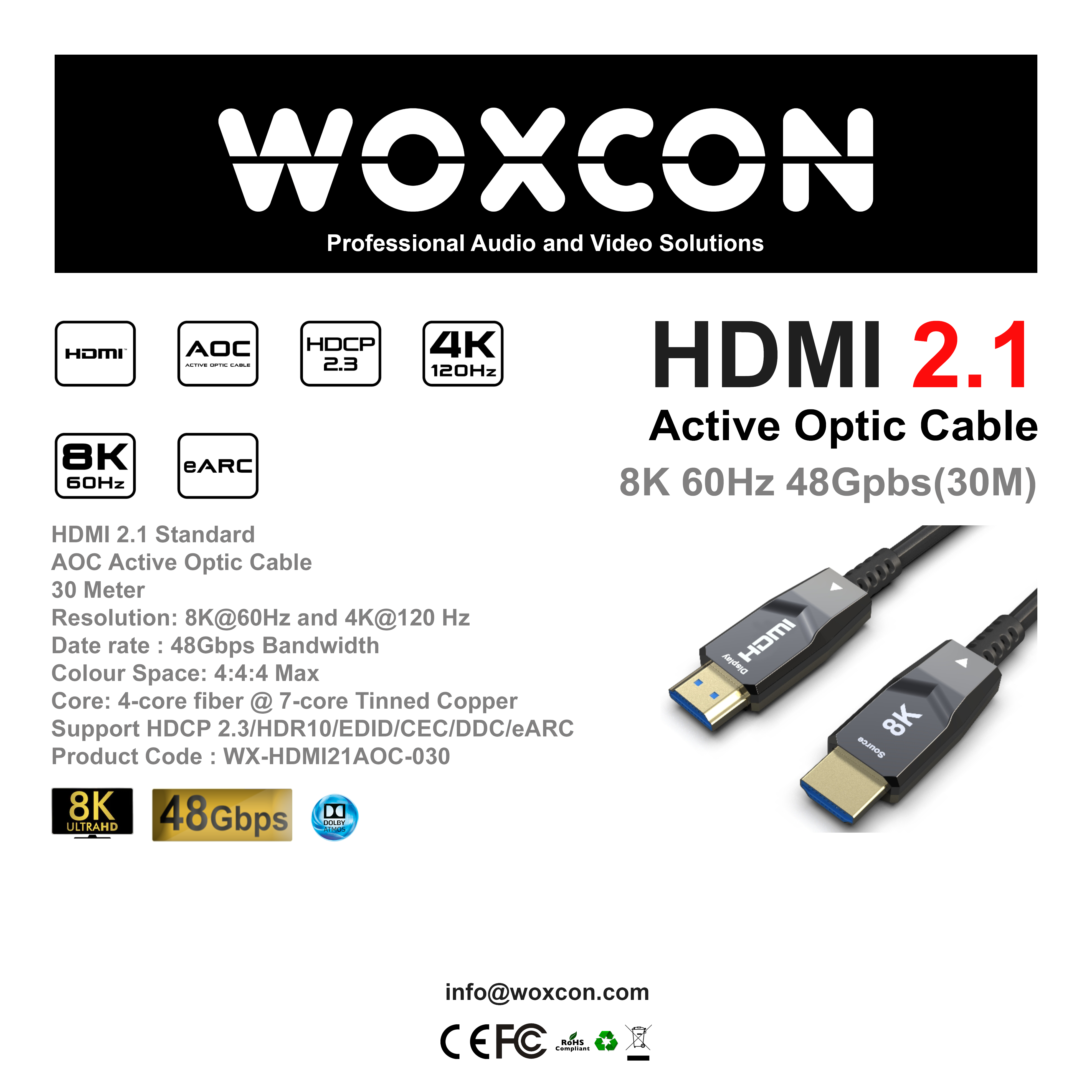 HDMI 2.1 Hybrid Active Optic Cable 8K supported 30 mt