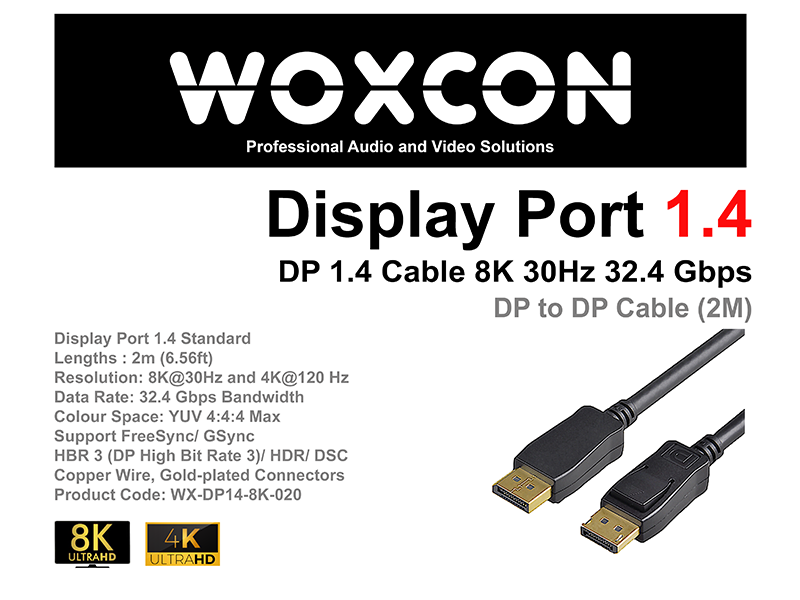 8K DisplayPort Cable 2 Meter DP 1.4 standard 8K 30Hz 32.4 Gbps